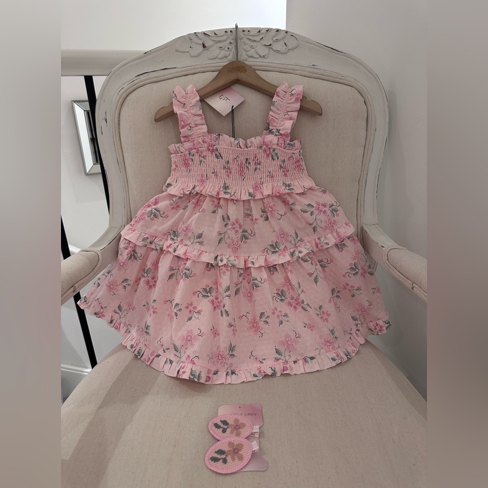 🎀 4T Pink Floral Needlepoint Ruffle Dress with Matching Hair Accessories NWT
